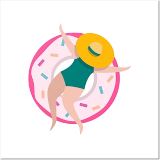 Lady with sunhat sleeping in the doughnut swimming ring Posters and Art